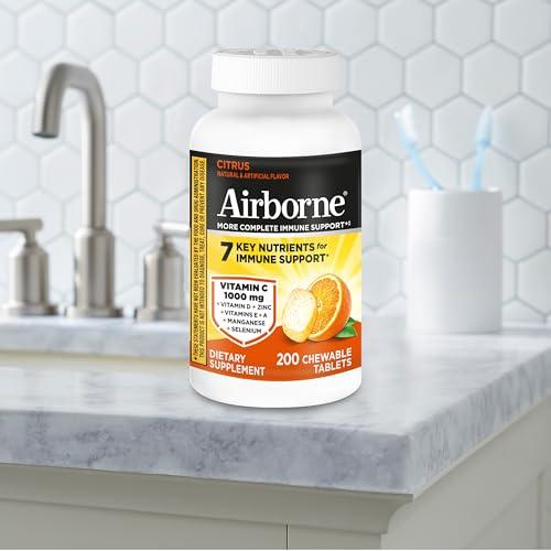 Airborne Airborne 1000mg Chewable Tablets with Zinc, Immune Support Supplement with Powerful Antioxidants Vitamins A C & E - 200 Tablets, Citrus Flavor