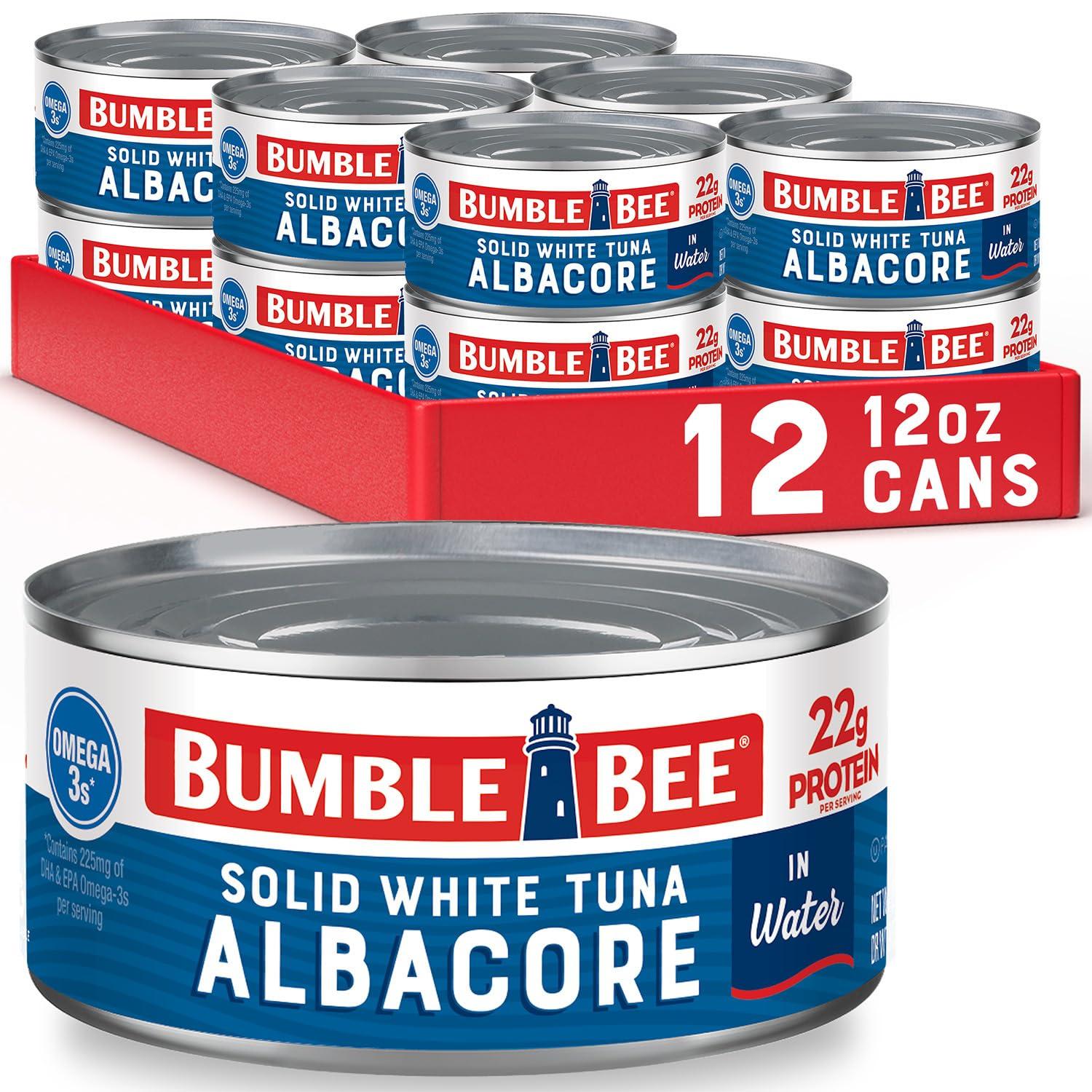 Bumble Bee Bumble Bee Solid White Albacore Tuna in Water, 12 oz Can (Pack of 12) - Wild Caught Tuna - 22g Protein per Serving, High in Omega-3s - Non-GMO Project Verified, Gluten Free, Kosher