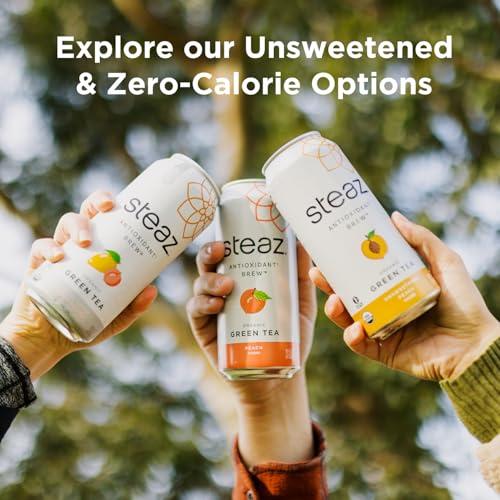 Steaz Steaz - Organic Green Tea - Peach Flavored (12 Pack) - Antioxidant Brew - 65mg Natural Caffeine, 90 Calories, Vitamin C - Cane Sugar Sweetened Iced Tea - Vegan, Fair Trade - 12 Cans, 16 fl oz (473mL)