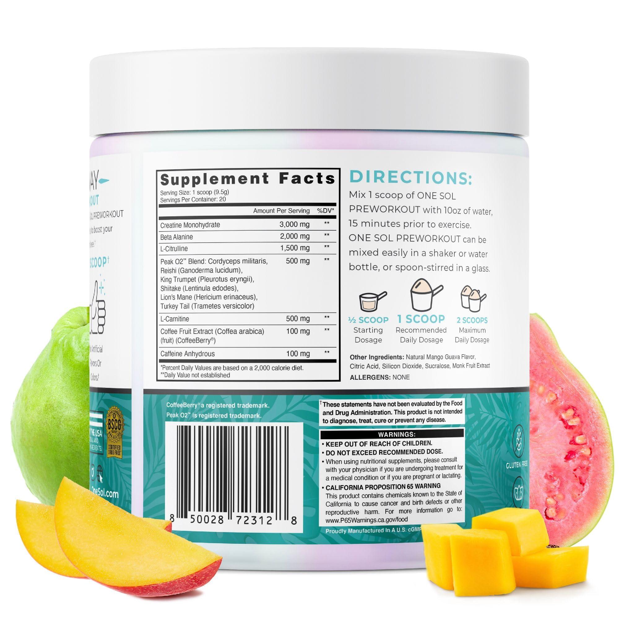 One Sol One Sol Pre-Workout for Women, Enhanced Pump & Focus, No Jitters Or Crash, Natural Ingredients, 100% Vegan, Gluten Free & Soy Free, (Mango Guava)