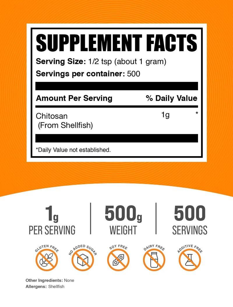 BulkSupplements BulkSupplements.com Chitosan Powder - Chitosan 1000mg, Chitosan Supplements - Food Grade, Gluten Free & Soy Free, 1000mg per Serving, 500g (1.1 lbs) (Pack of 1)