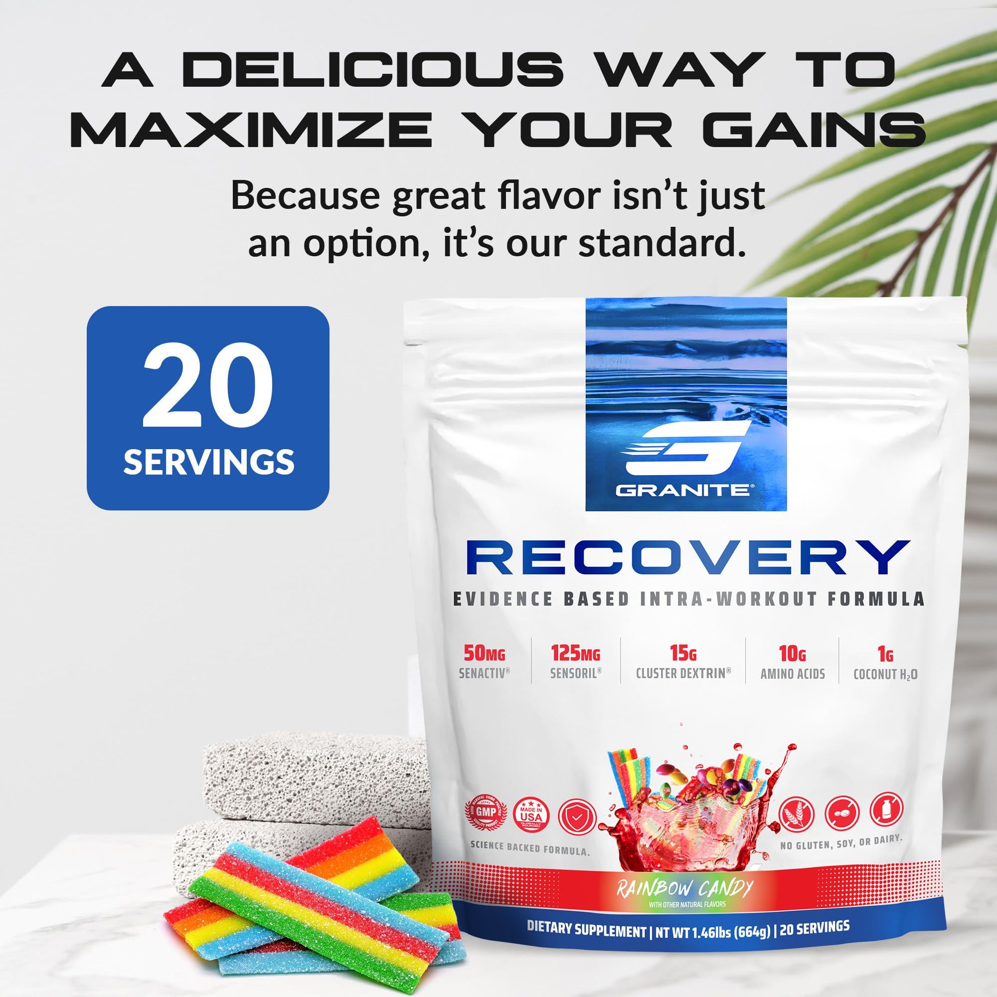 Granite Supplements Granite Recovery Intra and Post-Workout Supplement, Rainbow Candy Flavor, with 10g Aminos, Electrolytes, Cluster Dextrin, & Sensoril, Supports Muscle Recovery & Growth (20 Servings)