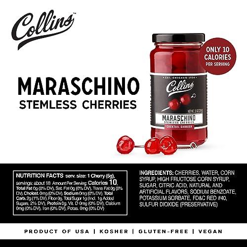 Collins Collins Stemless Maraschino Cherries, Garnish for Cocktails, Desserts, Manhattans, and Old Fashioned, Gourmet Snacking Cherries for Home and Bar, 10oz