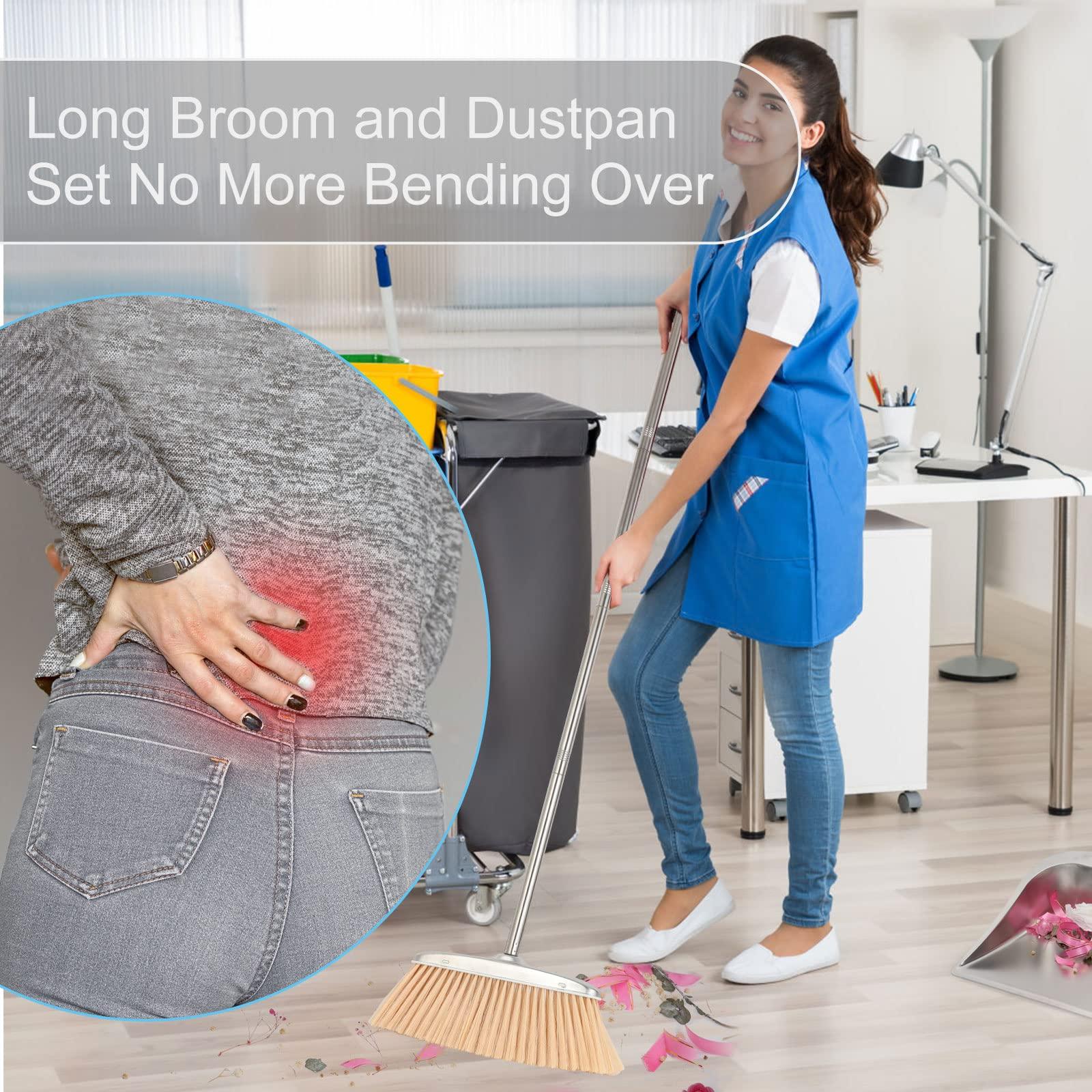 VOOWO VOOWO Broom and Dustpan Set for Home, Stainless Steel Broom and Dustpan Set with Long Handle, Heavy Duty Dustpan Broom Set Standing Dust Pan Kitchen and Home Indoor Outdoor Broom