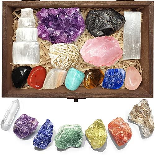 Aovila Premium Crystals and Healing Stones Set in Wooden Box Healing Crystals Set for Beginners - Chakra Stones Raw Crystals and Stones Amethyst Cluster Rose Quartz e-Book Healing Crystal Gifts for Women