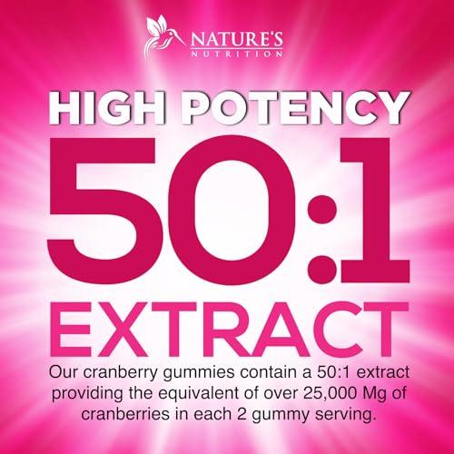 Nature's Nutrition Cranberry Gummies - Urinary Tract Health Gummy + Vitamin C - 25,000mg - Triple Strength Cranberry Concentrate Extract Supplement Pills, Ultimate Potency, Non-GMO, Gluten Free - 120 Gummies