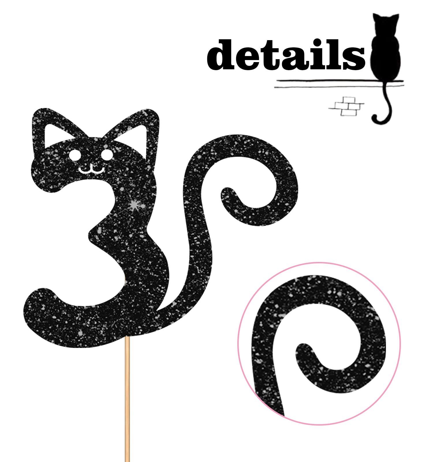 MINUET MINUTE Cat Three Cake Topper, Number 3 Cake Topper for Baby Girl, Kitty Happy 3rd Birthday Party Supplies, Pet Cat Three Year Old Party Decoration - Black Glitter