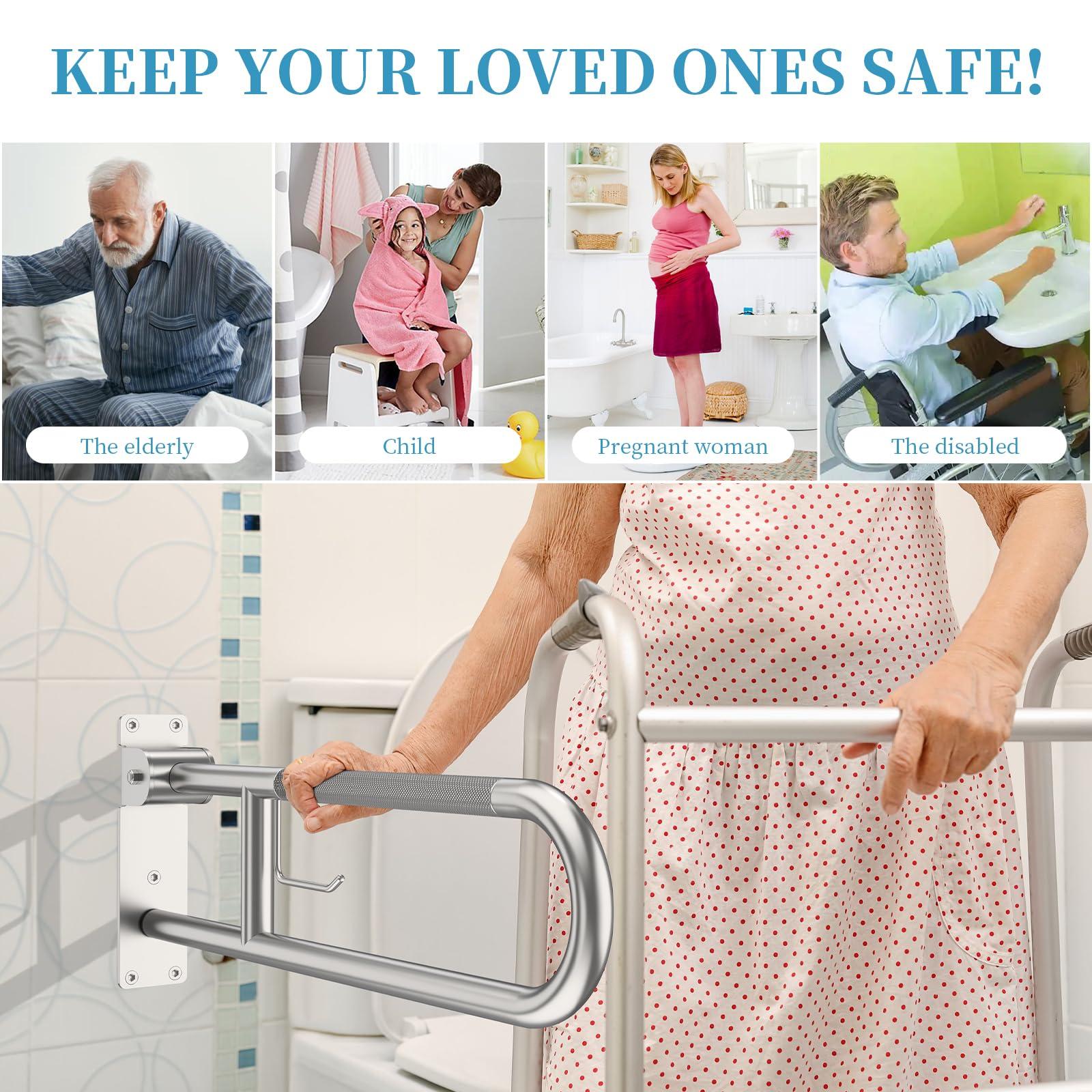 Munzong Toilet Grab Bar 30.3 Inch, Munzong Anti-Slip Handicap Grab Bars with Paper Holder, Flip-Up Bathroom Toilet Safety Rails, Stainless Steel Knurled Support handrails for Seniors Elderly Disabled Pregnant