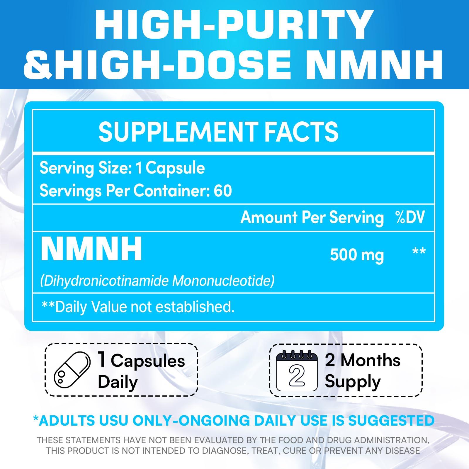 Kaumipor NMNH (Dihydronicotinamide Mononucleotide) 500MG/Serving, (2 Month Supply) NAD Supplement for Women & Men to Boost NAD+ Levels as We Age, NMNH for Anti Aging, Energy, Immunity, Focus, 60 Vegan Capsules