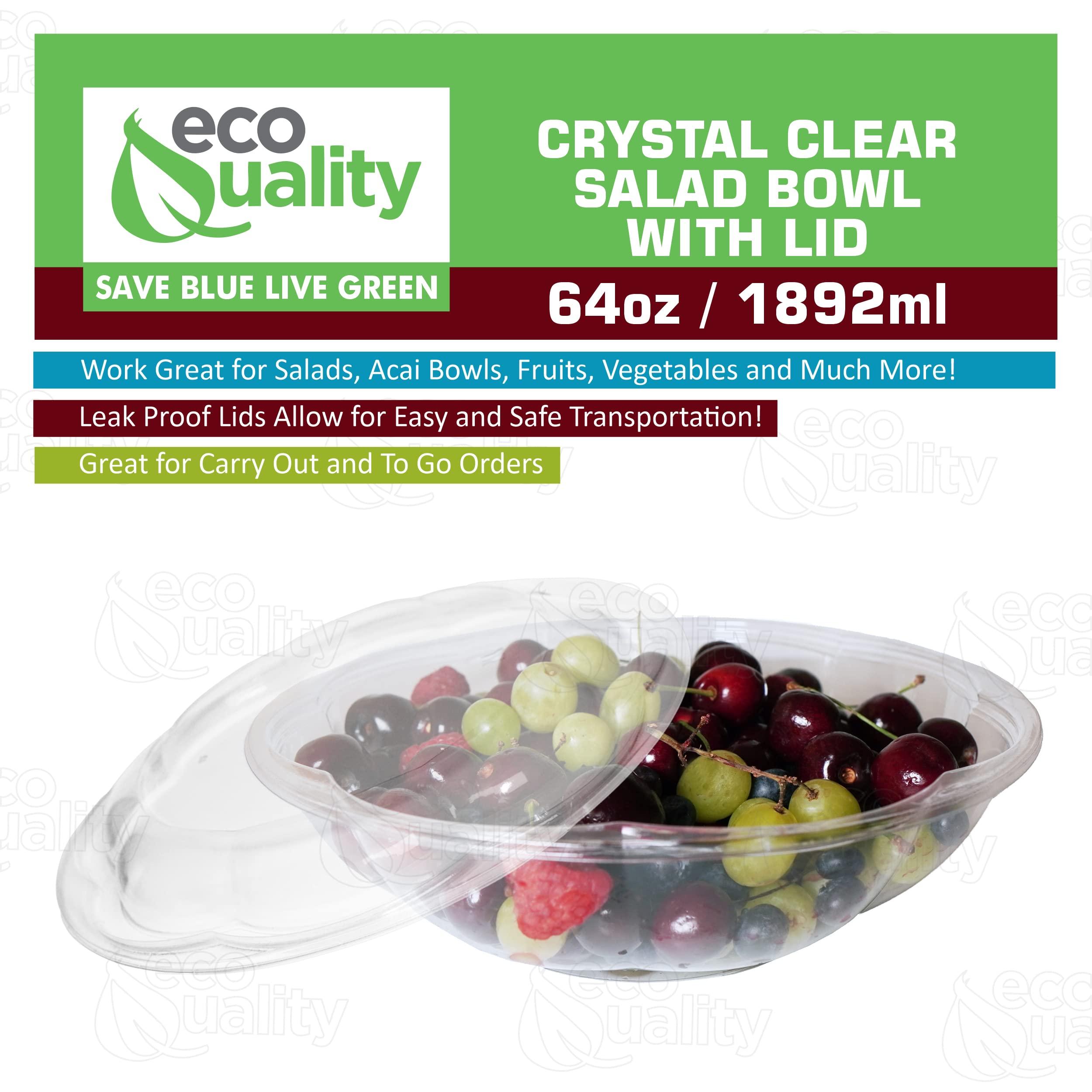 EcoQuality 64oz Salad Bowls To-Go with Lids - Crystal Clear Plastic Disposable Wide Salad Containers | Airtight, Lunch, Salads, Parfait, Fruits, Leak Proof, Airtight, Fresh, Meal Prep | Rose Bowl Container (75)
