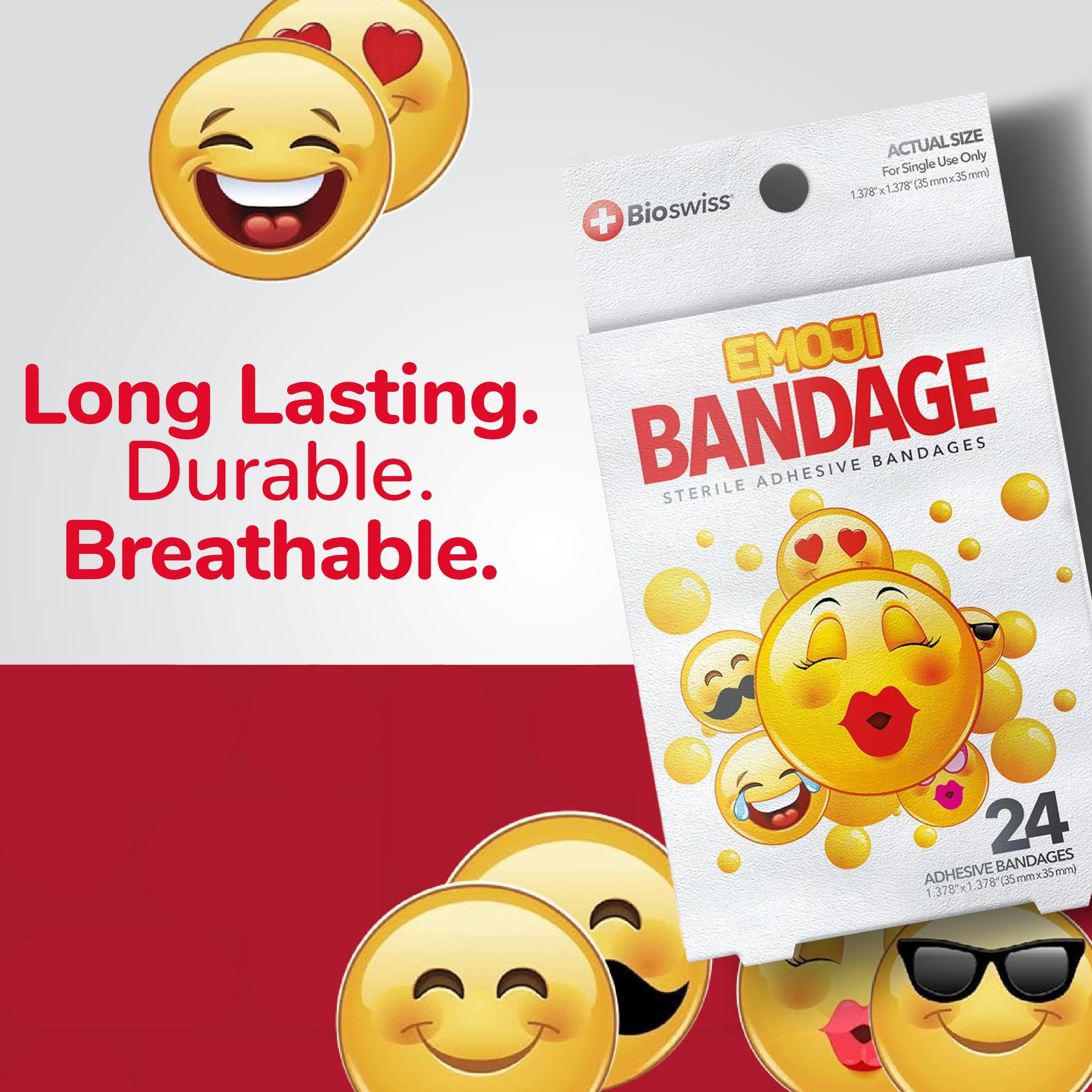 BioSwiss BioSwiss Bandages, Emoji Shaped Self Adhesive Bandage, Latex Free Sterile Wound Care, Fun First Aid Kit Supplies for Kids, 24 Count