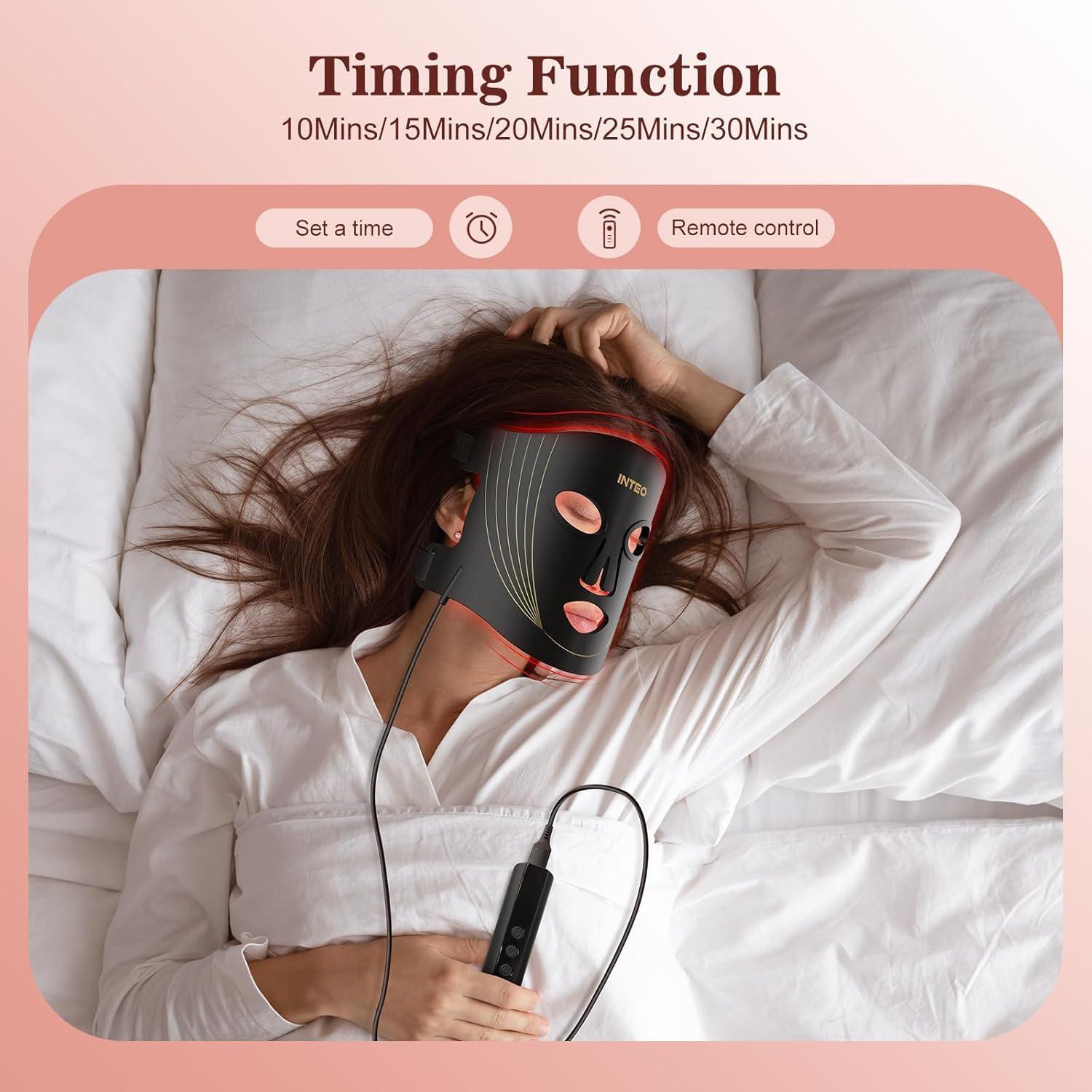 INTEO Red Light Therapy for Face, 3 Modes Portable Led Face Mask Light Therapy with Remote, Near-infrared 850 Red Light Therapy Mask with Timing Function, Red Light Therapy At Home 180 LED Beads