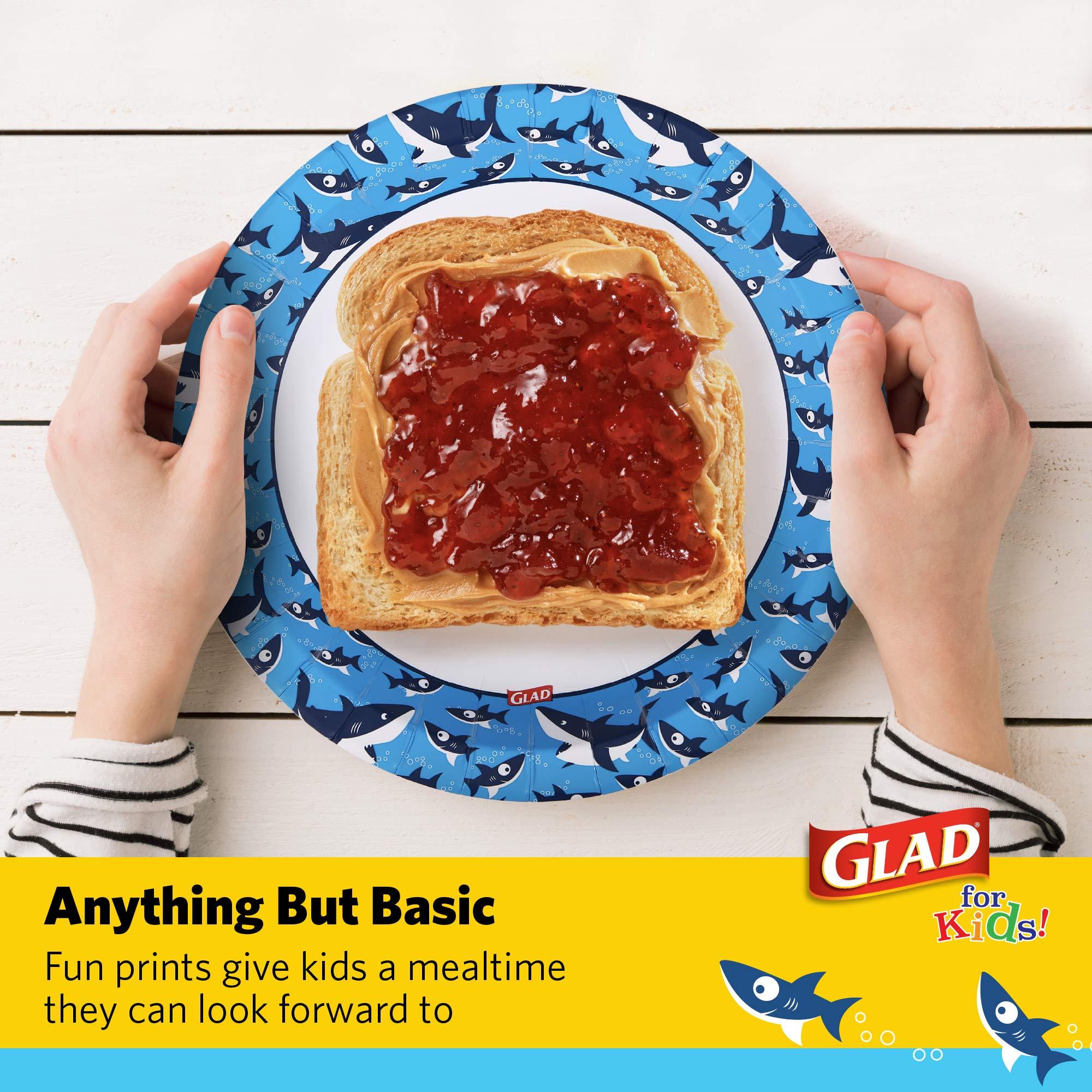 Glad Glad for Kids Shark Paper Plates, 20 Count - 6 Pack | Small Round Paper Plates With Cute Sharks for Kids | Heavy Duty Disposable Soak Proof Microwavable Paper Plates for All Occasions, 8.5 Inch