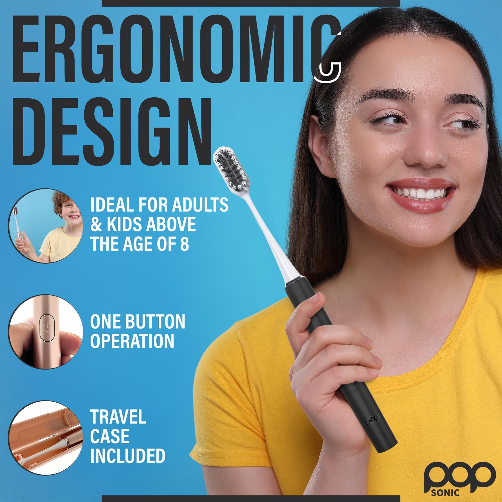 Pop Sonic Go Plus Sonic Toothbrushes for Adults w/Electric Toothbrush Case (Black) - Electric Toothbrush for Adults & Kids - Sonic Toothbrush w/ 2 Speeds - 18000-24000 Vibrations Per Minute