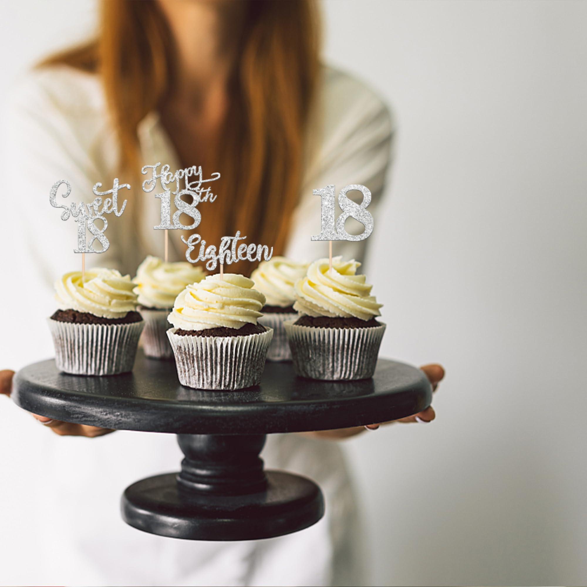 Rsstarxi Rsstarxi 24 Pack Happy 18th Birthday Cupcake Toppers Glitter Sweet 18 Cupcake Toppers Eighteen 18 Fabulous Cake Decorations for 18th Birthday Anniversary Party Cake Decorations Silver