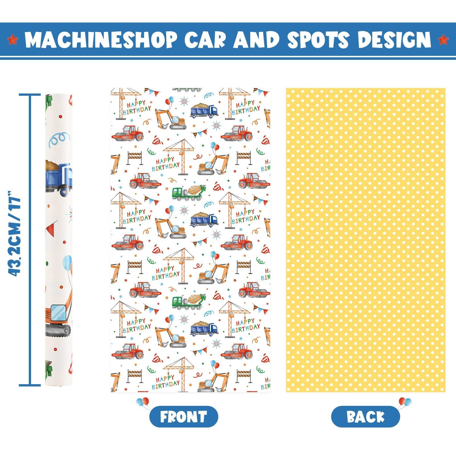 WERNNSAI WERNNSAI Construction Wrapping Paper - 1 Roll 17 x 33 ft Reversible Truck Wrapping Paper Roll Ink Jumbo Roll Birthday Wrapping Paper Roll Kids Boys Construction Party Favor Gift Wrap Polka Dot Design