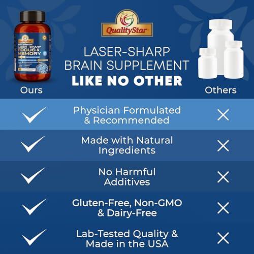 QualityStar QualityStar Focus and Memory Vitamins, 13-in1 Multi-Benefit Blend for Cognitive and Brain Health, Memory Supplement for Brain, 180 Vegetarian Capsules - 60 Day Supply