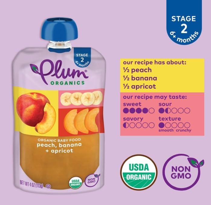 Plum Organics Plum Organics Stage 2 Organic Baby Food - Peach, Banana, and Apricot - 4 oz Pouch (Pack of 12) - Organic Fruit and Vegetable Baby Food Pouch