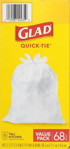 Glad Glad Tall Kitchen Quick-Tie Trash Bags, 13 Gallon, White, 68 Count, Pack May Vary (Pack of 2)