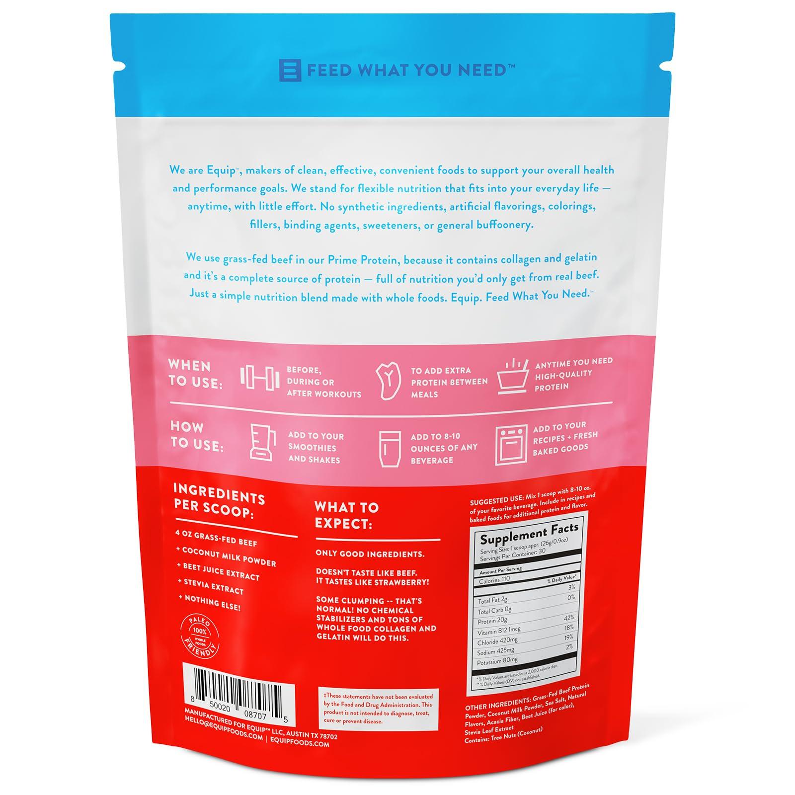 Equip Equip Foods Prime Protein Powder | Clean, Grass Fed Beef Protein Isolate | Carnivore Protein Powder | Paleo, Keto Friendly | Gluten, Dairy Free | Helps Build & Repair Tissue | 30 Servings, Strawberry