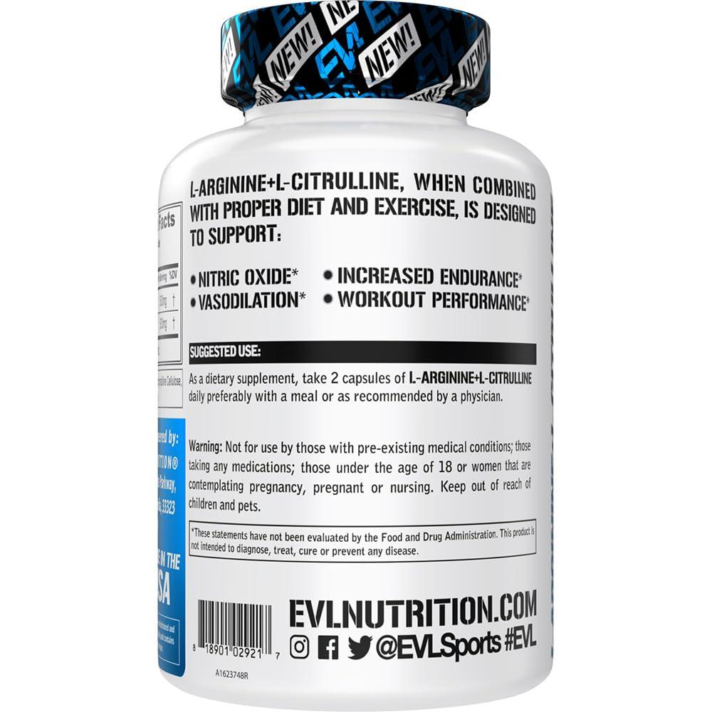 Evlution Evlution Nutrition L-Arginine + L-Citrulline - Endurance + Workout Performance Supplement - 500mg Complex - Vasodilation + Nitric Oxide Support - Vegan + Gluten Free Capsules - 60 Servings