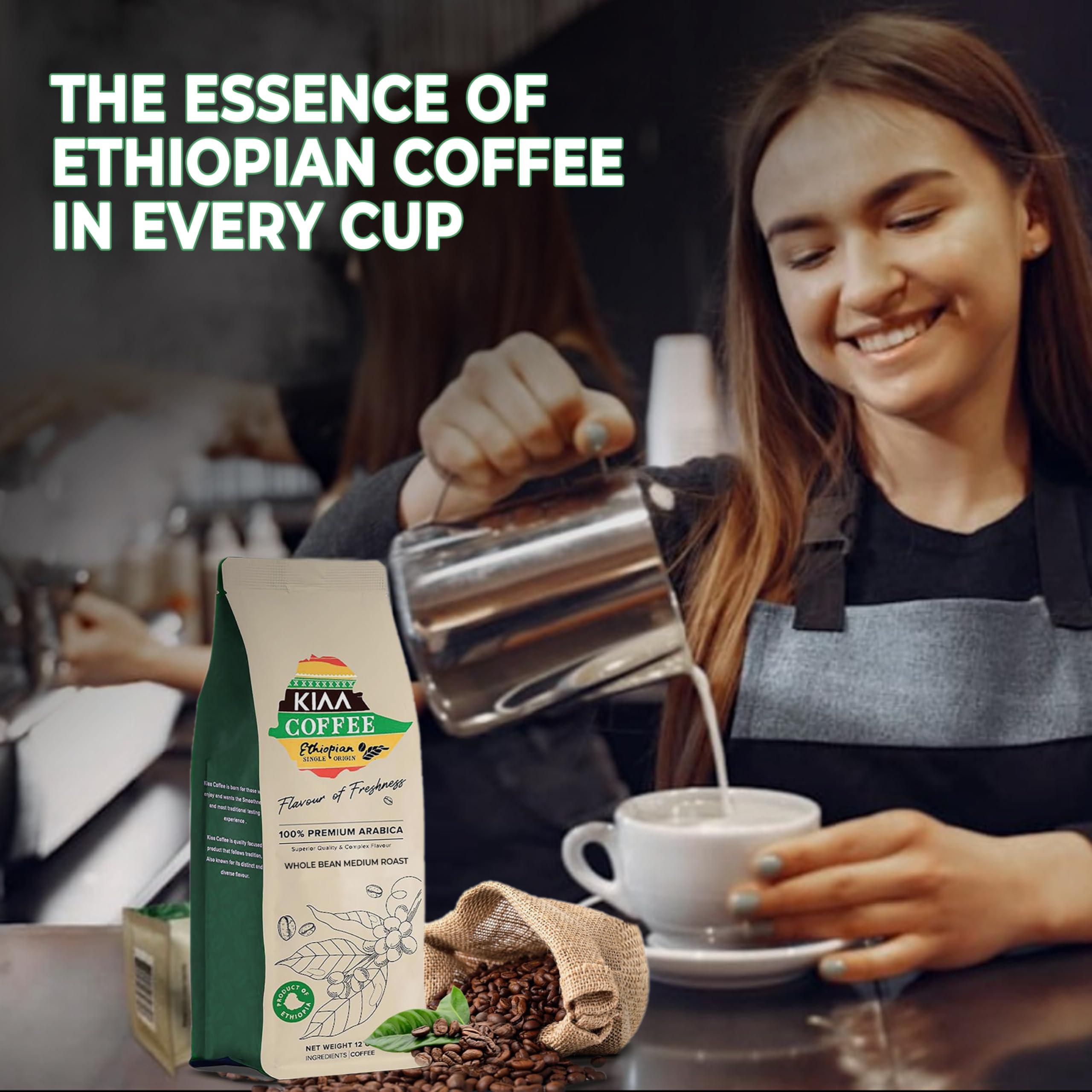 KIAA COFFEE ETHIOPIAN SINGLE ORIGIN Ethiopian Premium Whole Bean Medium Roast Coffee 12oz, 100% Organic Arabica, Full-Bodied Bold Flavor, Rich & Smooth, Perfect for Espresso, French Press & Drip Brewing, Freshly Roasted
