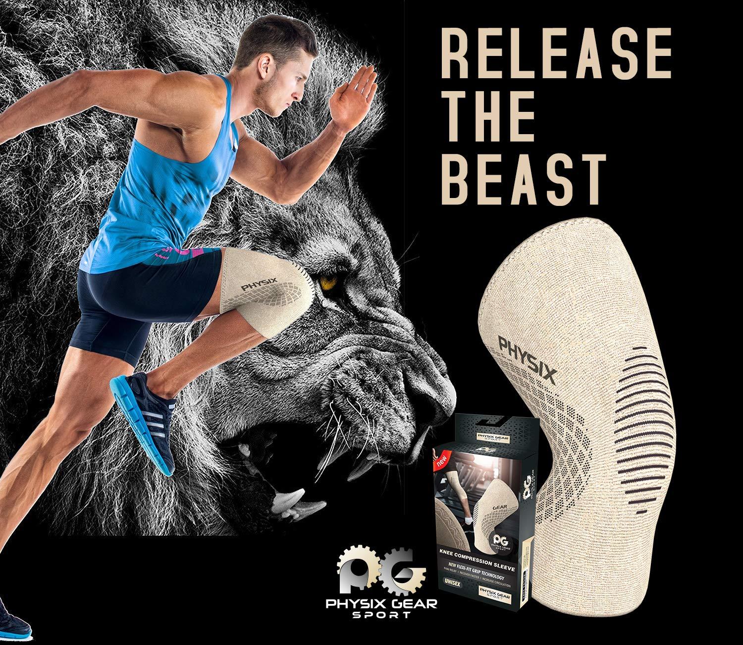 Physix Gear Sport PHYSIX GEAR Knee Support Brace - Premium Recovery & Compression Sleeve for Meniscus Tear, ACL, MCL Running & Arthritis - Best Neoprene Stabilizer Wrap for Crossfit, Squats & Workouts (Single Beige S)