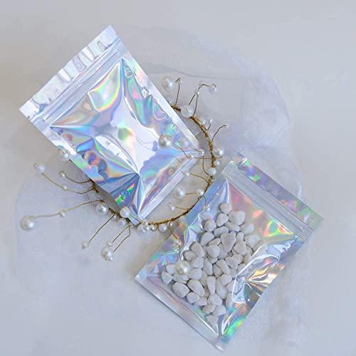 FYATTVA 100 Pieces Mylar Holographic Resealable Bags - 4 x 6" Smell Proof Bags, Foil Pouch Ziplock Bags for Party Favor Food Storage (Holographic Color, 4 x 6 Inch)