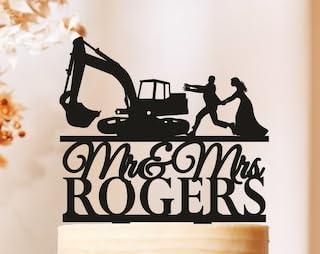 snzazhe Excavator wedding cake topper,Custom Cake Topper,Funny Cake Topper,Excavator,Construction Truck Cake Topper,Bulldozer Cake Topper for Anniversary Birthday Wedding Shower Party Dessert Cake Decor.