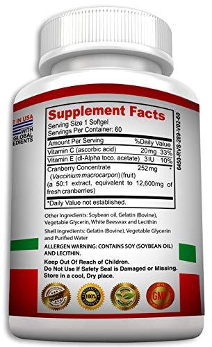 Pure Healthland Pure Healthland Non GMO Cranberry Concentrate Supplement Pills for Urinary Tract Infection UTI. Equals 12600mg Cranberries. Triple Strength for Men and Women, Easy to Swallow Softgels 1 Bottle
