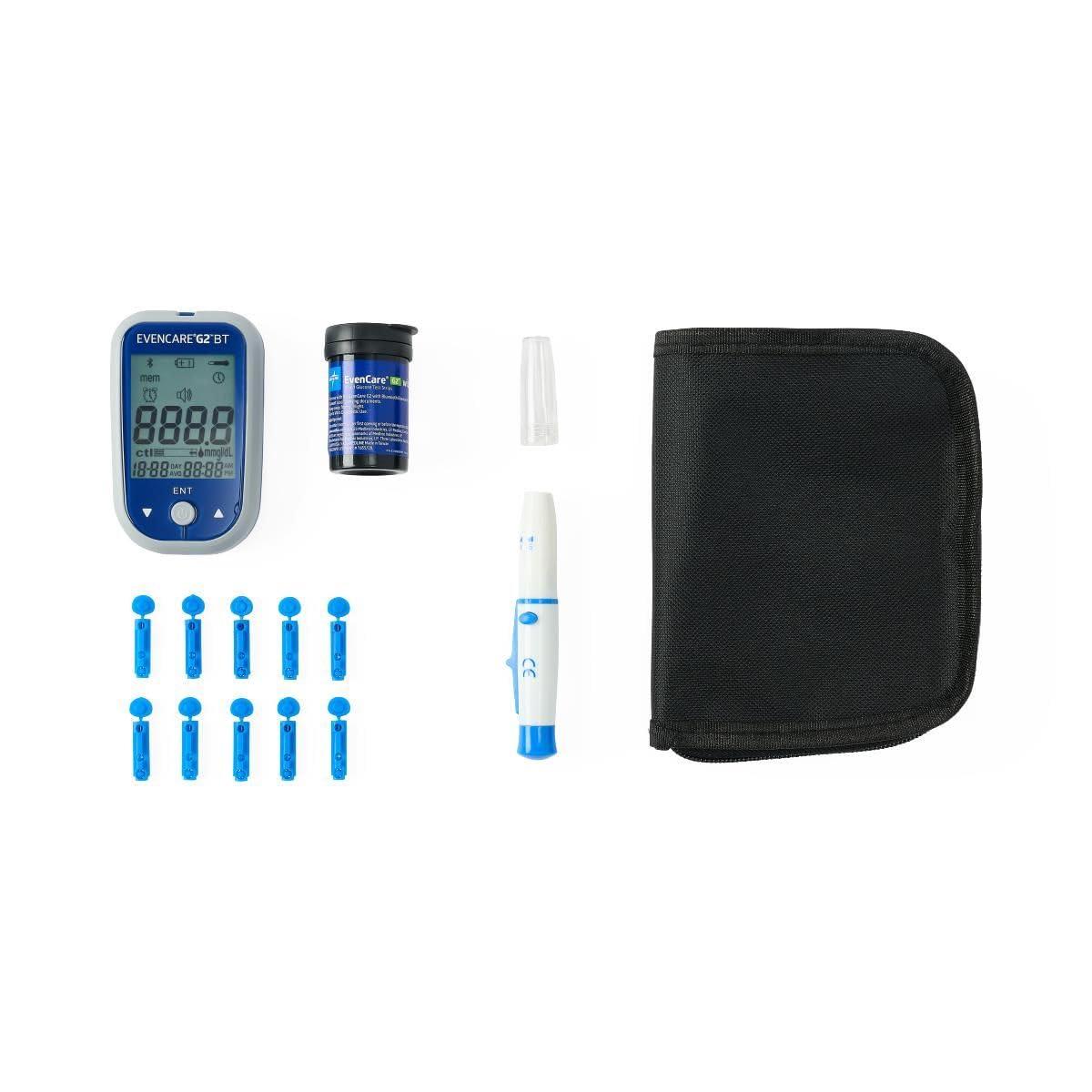 Medline Medline EvenCare G2 Blood Glucose Monitoring Meter with Bluetooth Connectivity Starter Kit with Reusable Lancing Device, 10 Lancets, 10 Test Strips, User\'s Guide, and Carrying Case