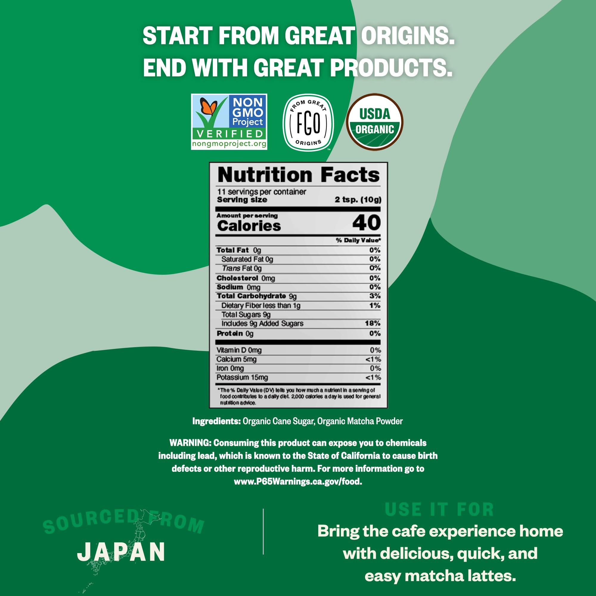 FGO FGO Organic Matcha Latte Powder, 16 Ounce Bulk Resealable Bag, Japanese Matcha with Organic Cane Sugar, Lightly Sweetened, Packaging May Vary (Pack of 1)