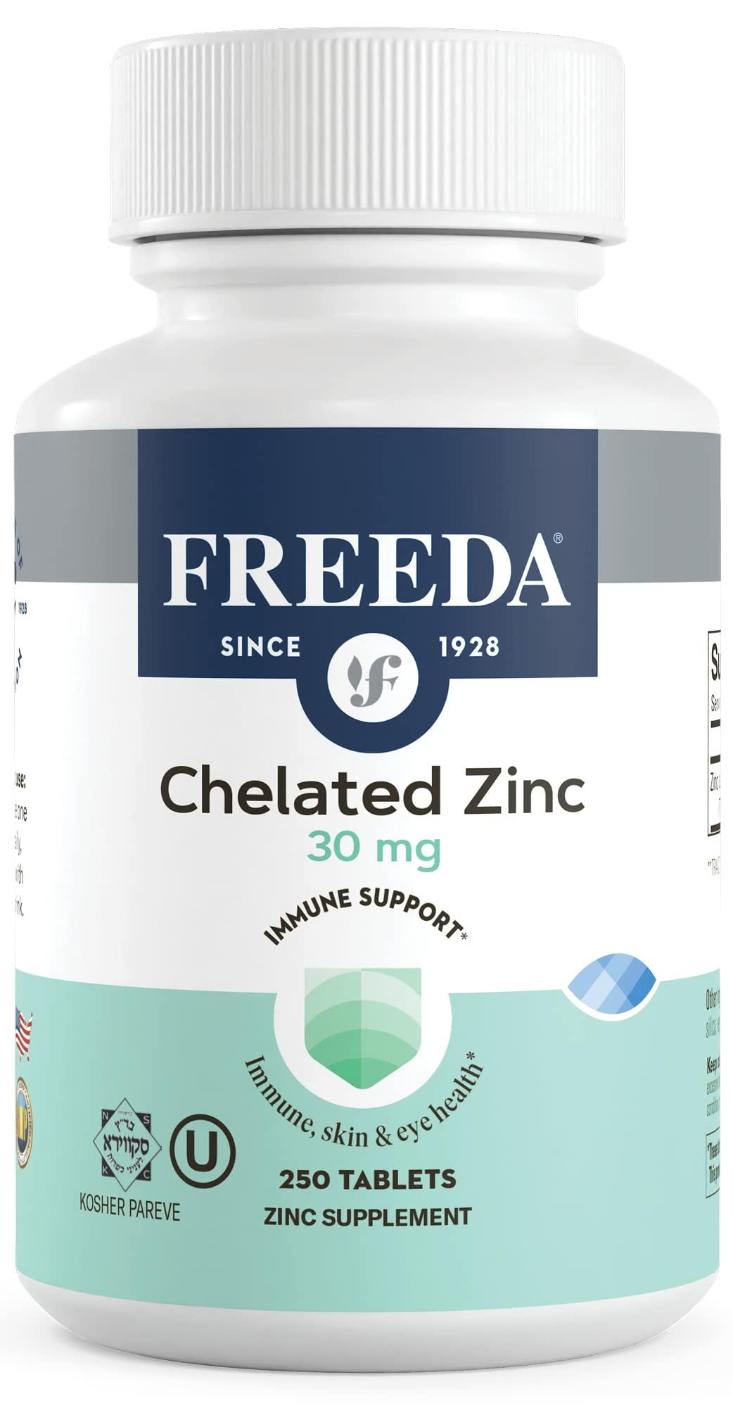 FREEDA Freeda Chelated Zinc Supplement - Kosher 30 mg Zinc Chelate Zinc Tablets as Albion TRAACS Zinc Bisglycinate - Zinc Chelated for Adults - Pure Zinc 30mg - Zinc for Men & Women - (250 Tiny Tablets)