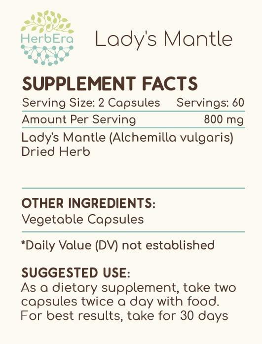 HerbEra Lady's Mantle 120 Capsules, 500 mg, Lady's Mantle (Alchemilla vulgaris) Dried Herb (120 Capsules)