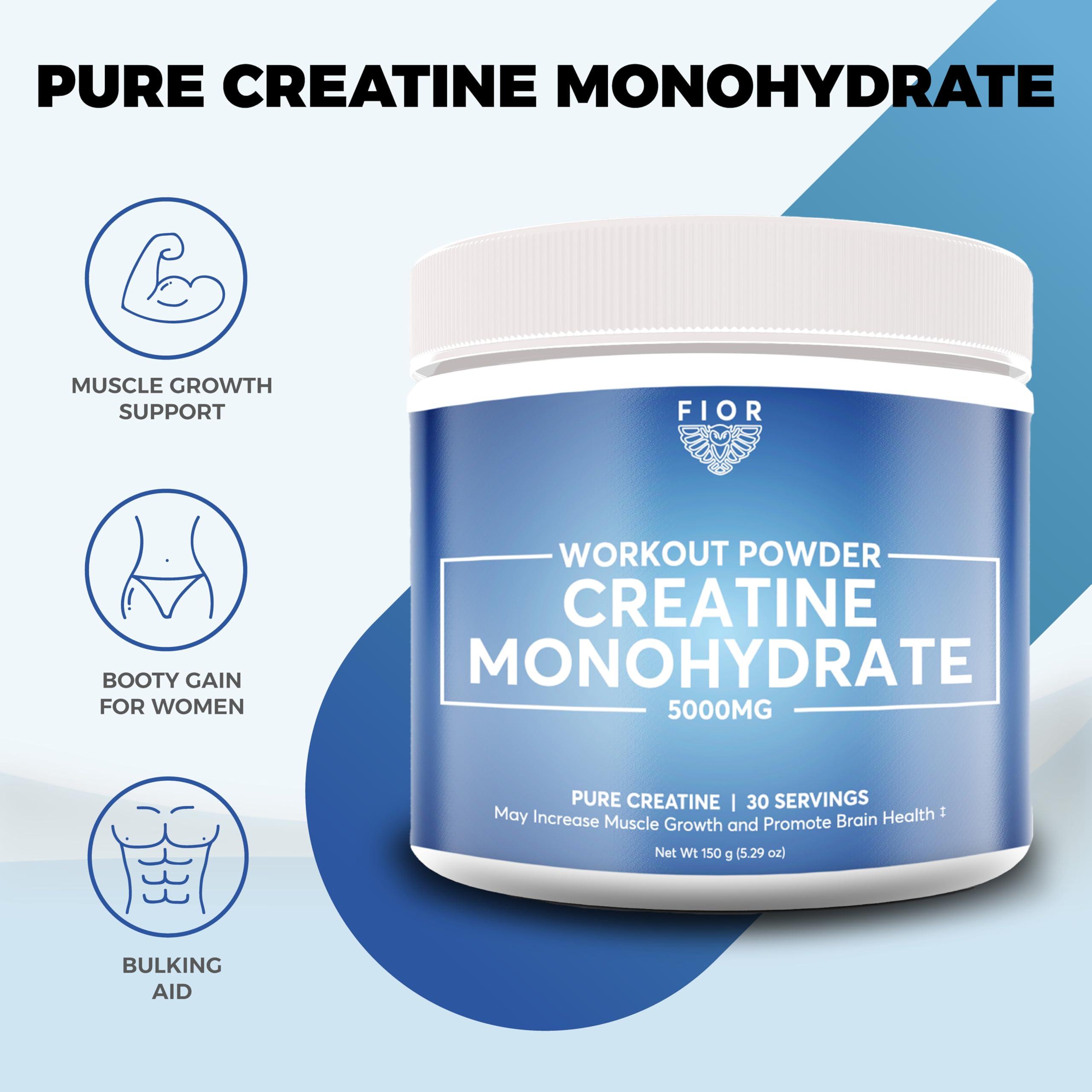 FIOR FIOR Pure Creatine Monohydrate Powder - Micronized Creatine for Men & Women, Pure Non-GMO, Vegan & Gluten Free Creatine Powder, 5 Grams per Serving, 30 Servings