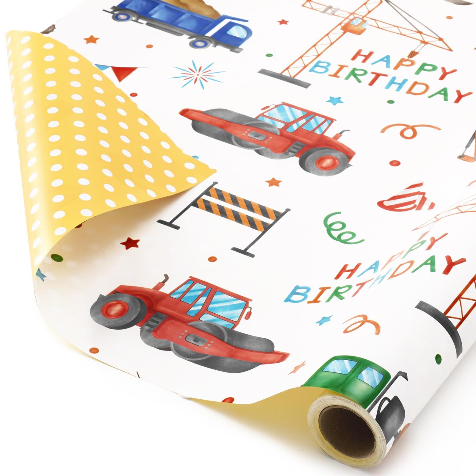 WERNNSAI WERNNSAI Construction Wrapping Paper - 1 Roll 17 x 33 ft Reversible Truck Wrapping Paper Roll Ink Jumbo Roll Birthday Wrapping Paper Roll Kids Boys Construction Party Favor Gift Wrap Polka Dot Design