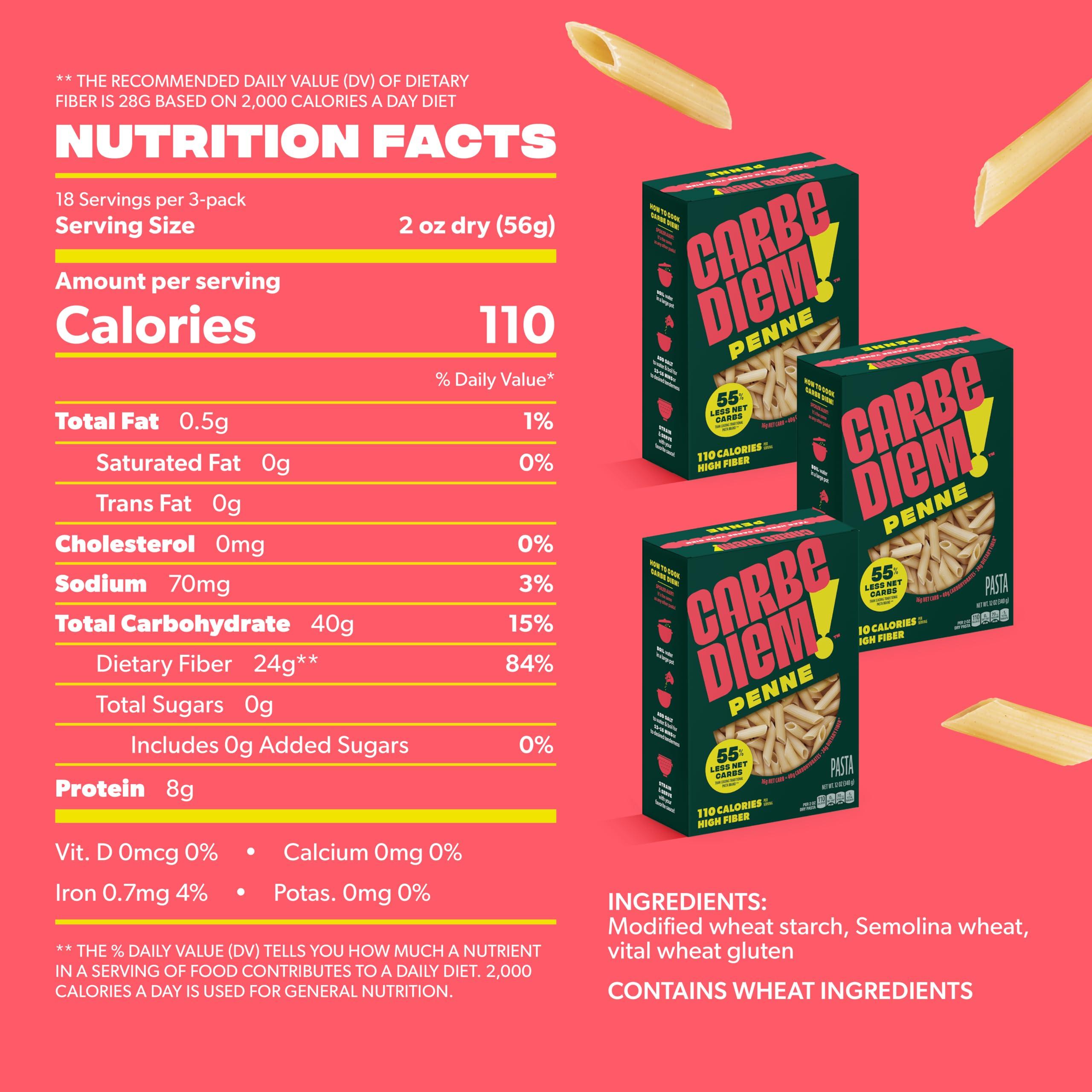 CARBE DIEM CARBE DIEM! Penne | 3x 12oz Bags | Lower Net Carb Pasta with a Traditional Flavor & Texture | Pasta Re-Imagined for Healthy Lifestyles | Reduced Calorie Food | Penne Pasta | Lower Calorie Pasta