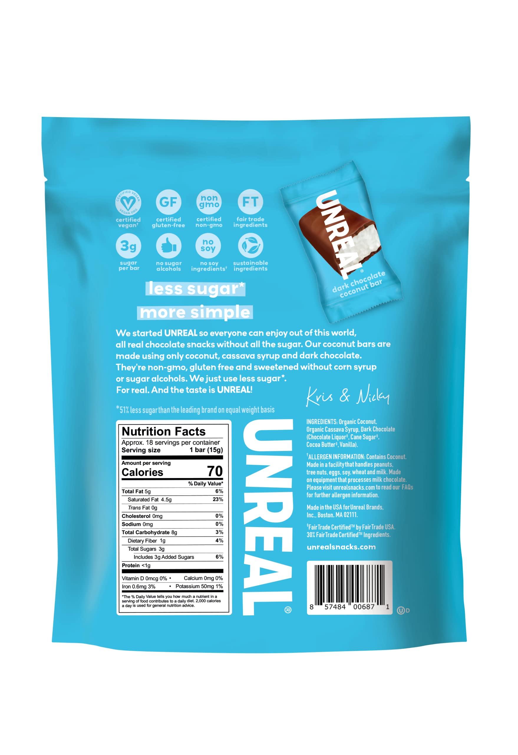 UNREAL UNREAL Dark Chocolate Coconut Bars (Value Size Bag) | Vegan, 3g Sugar, & 3 Simple Ingredients | Non-GMO, Gluten Free, & Fair Trade | 9.5oz