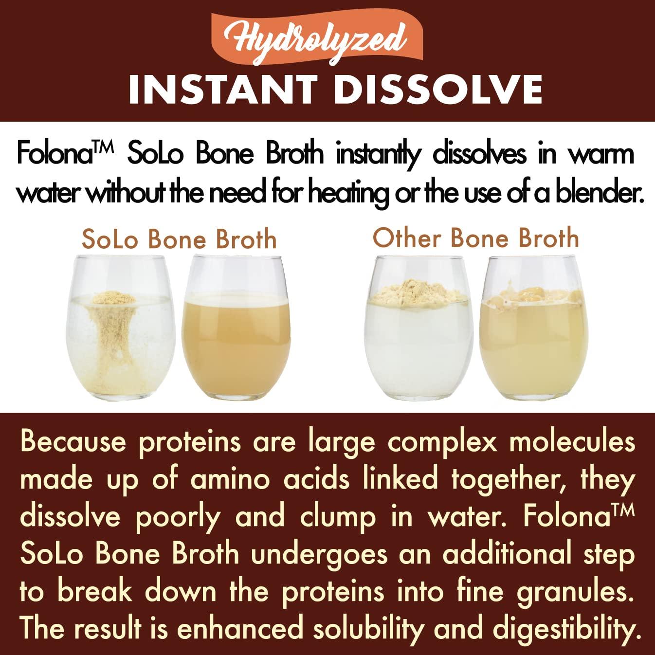 FOLONA Solo Bone Broth Protein Collagen Powder Low Sodium, 16g Hydrolyzed Collagen Type I & III, for Healthy Skin, Nails, Hair, Joints & Digestion, Grass Fed, 1 lb (Canister - Net Wt. 1 lb. Powder)