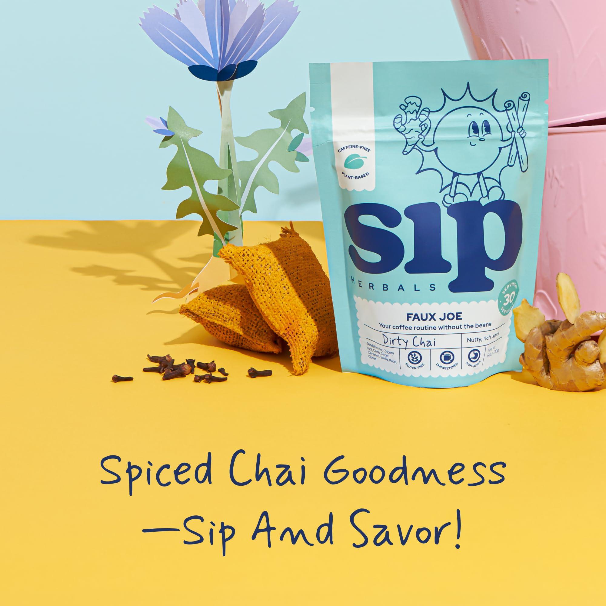 Sip Herbals Sip Herbal Coffee Alternative Herbal Tea - Boost Energy & Focus - Caffeine Free Organic Coffee Substitute Made with Carob, Dandelion, Chicory - Dirty Chai Roast (30 Servings) - Loose Leafs