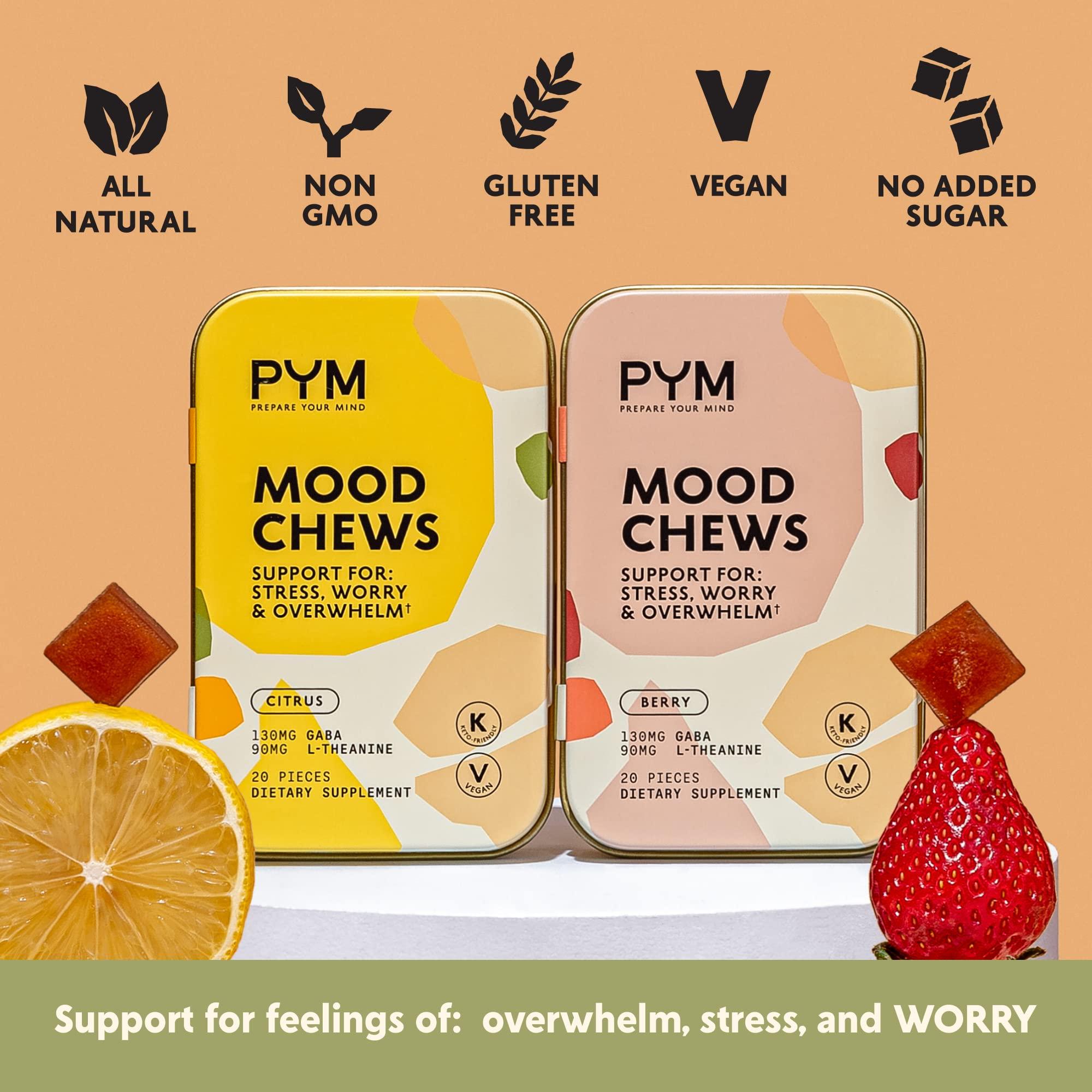 PYM Health PYM Berry Mood Chews Support for Stress, Worry & Overwhelm, 20 Count - 130mg GABA, 90mg L-Theanine - Vegan, Non-GMO, Gluten-Free, No Added Sugar - All-Natural Mood Balance Supplement Made in USA!