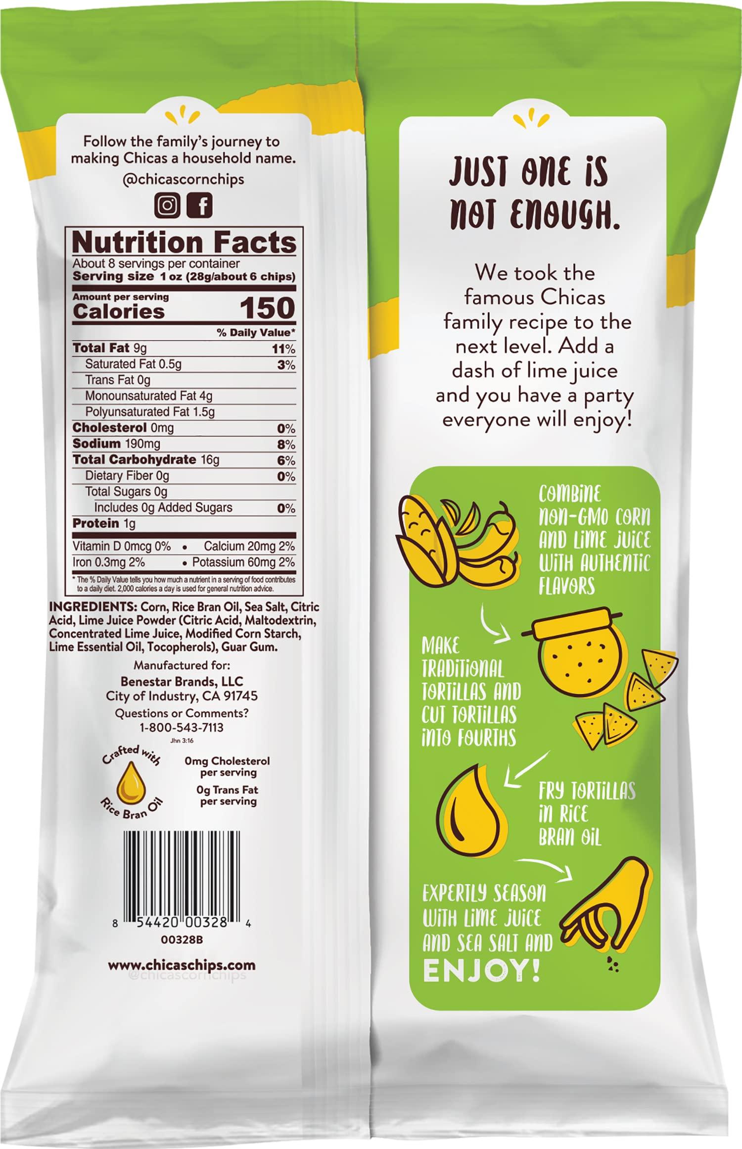 Chicas Chicas Tortilla Chips, White Corn Tortilla Chips Lime, Gluten Free, Vegan, Non-GMO, For Dips, Spreads & More, 7.5 Ounce Bag (Pack of 6)