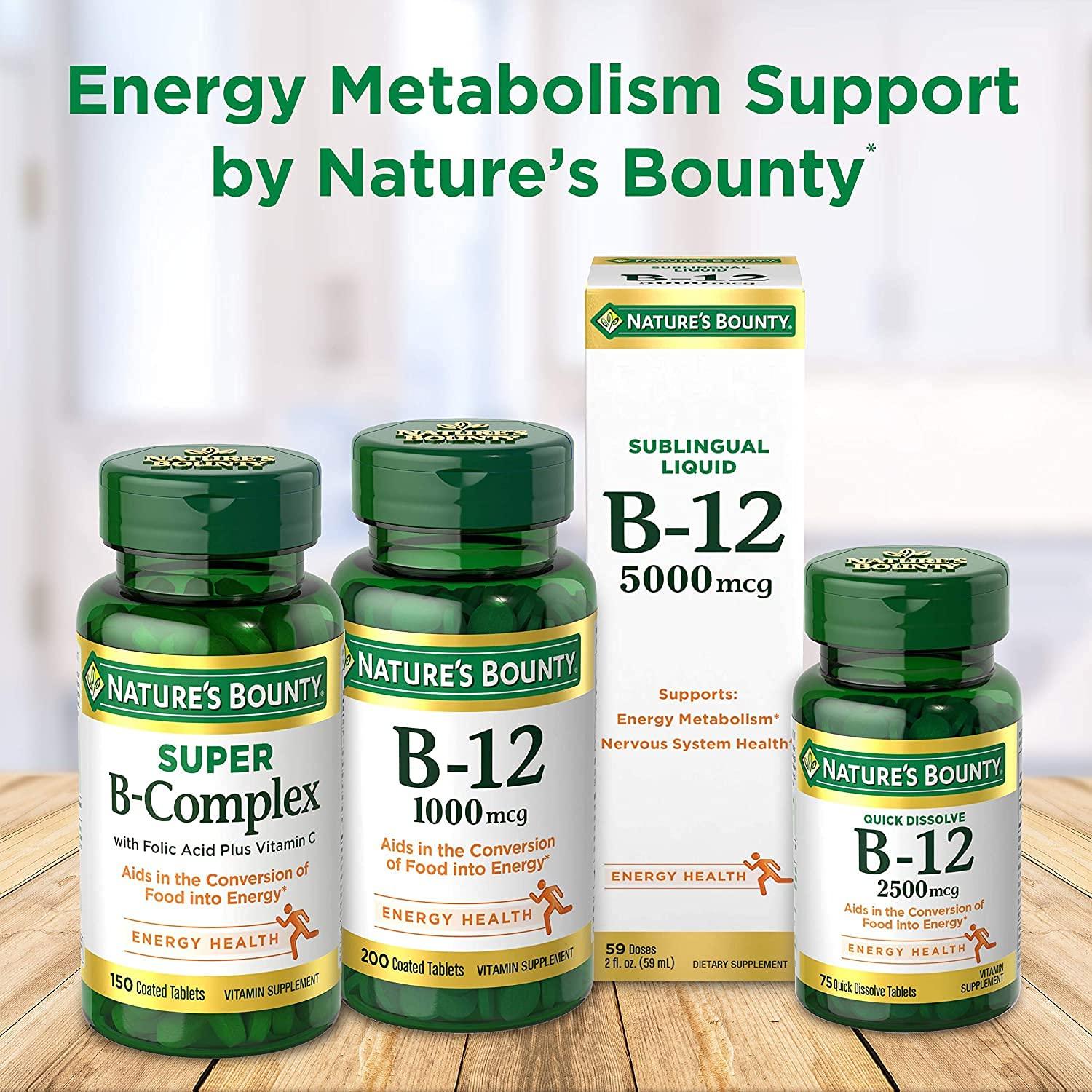 Nature\'s Bounty Nature\'s Bounty Vitamin B12, Supports Energy Metabolism and Nervous System Health, 500mcg, Tablets, 100 Ct (Pack of 2)