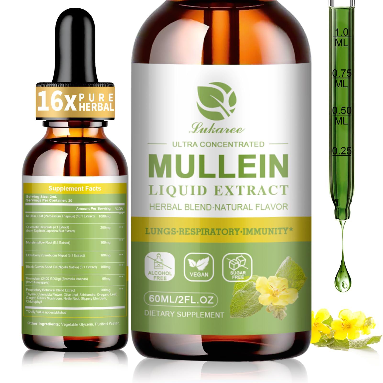 Lukaree Mullein Drops for Lungs, Lung Detox & Cleanse, Vegan Mullein Leaf Extract Tincture with Chlorophyll Elderberry, etc, Natural Herbal Supplement for Respiratory, Immune, 30 Servings