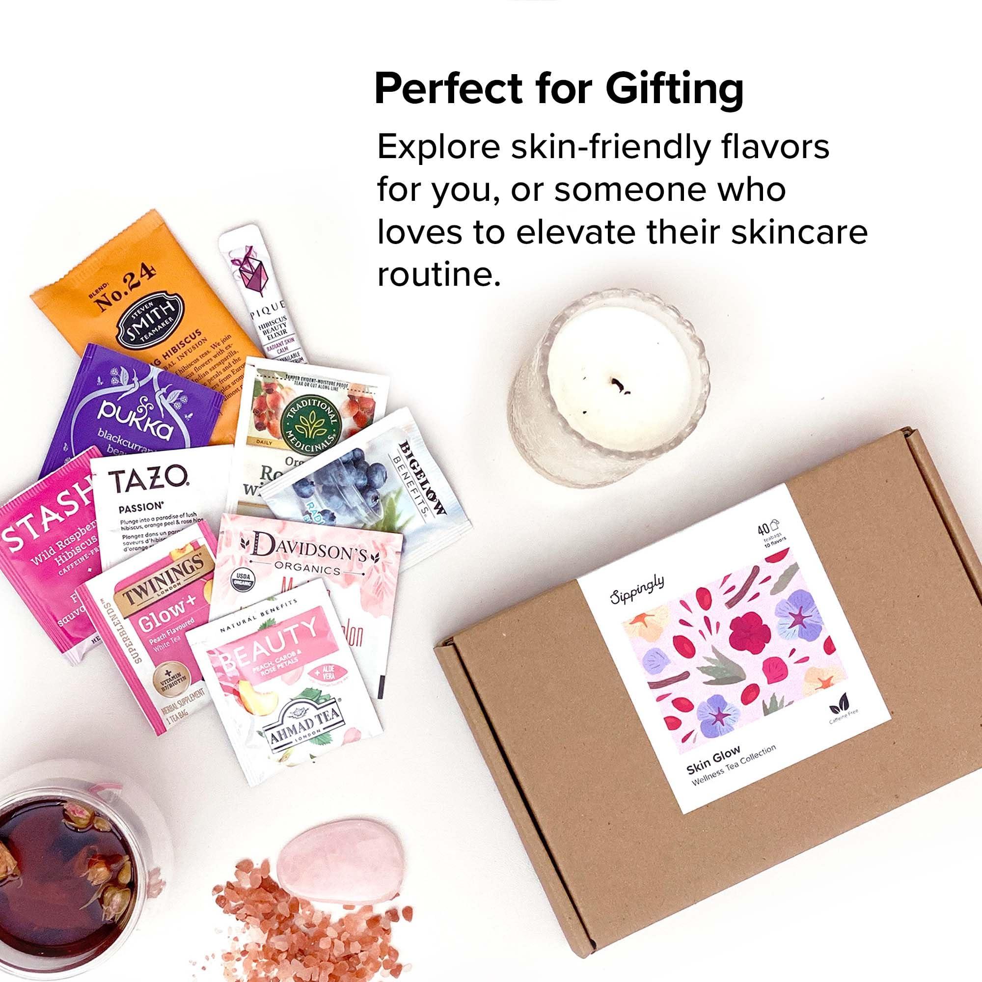 Sippingly Skin Glow Wellness Tea Sampler - 40 Tea Bags, 10 Flavors - Hibiscus, Rosehip, Aloe Vera, Licorice Root - Vegan, Gluten-Free, Organic Herbal Tea Gift for Skincare Lovers, Skin Detox and Clear Skin Tea
