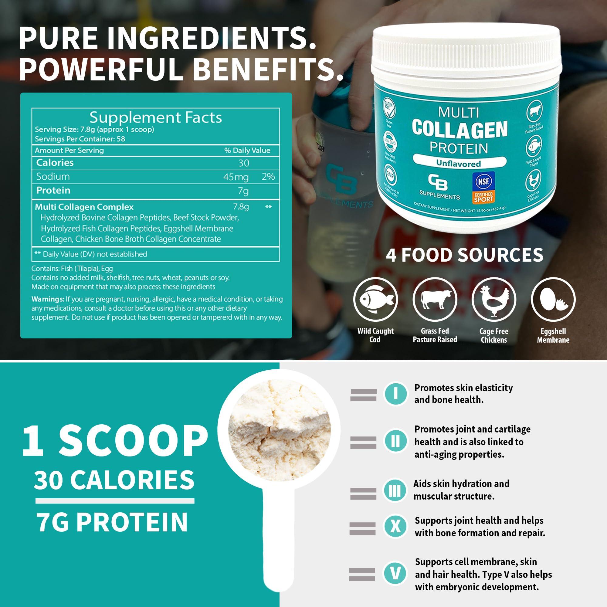 CB Supplements CB Supplements NSF Certified for Sport Multi Collagen Protein Powder Bone, Skin, Hair, and Joint Support | Hydrolyzed Collagen Supplements (58 Servings (Pack of 1), Unflavored)