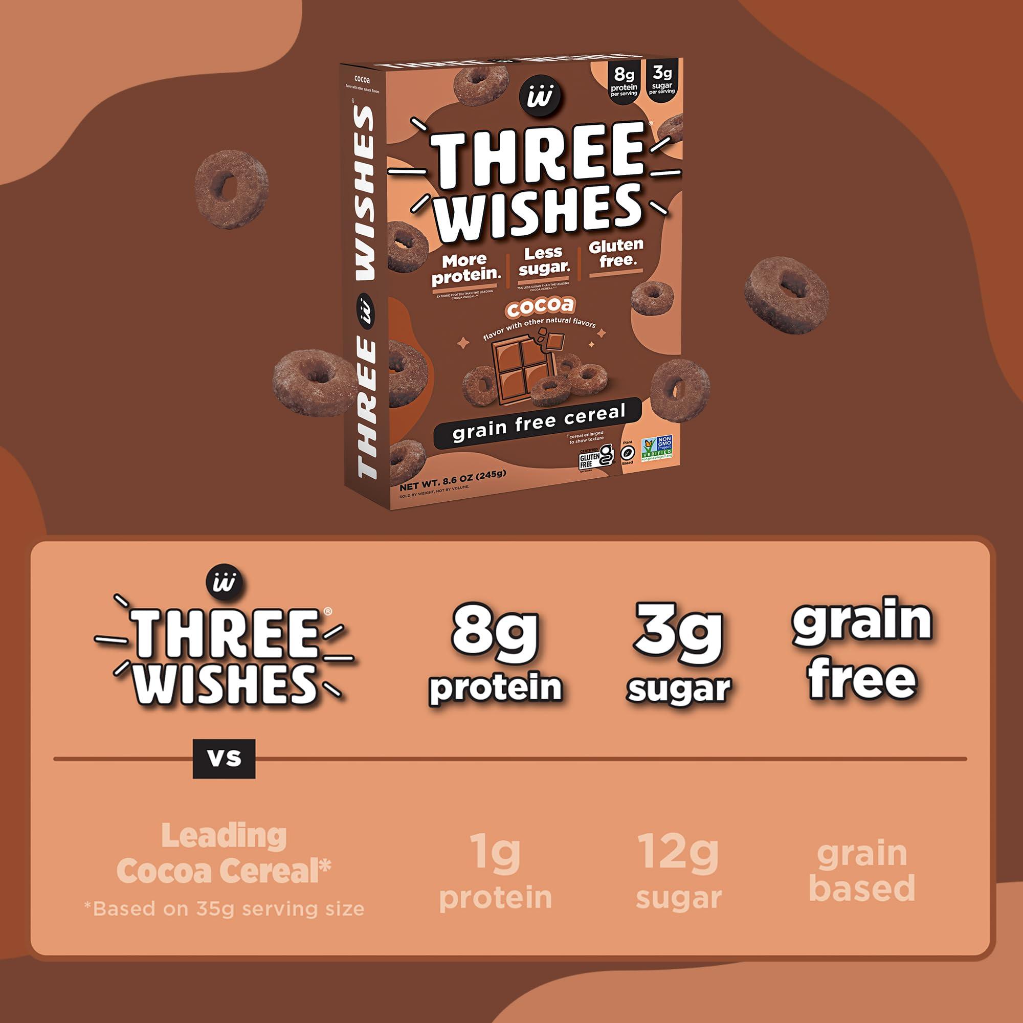 Three Wishes Plant-Based and Vegan Breakfast Cereal by Three Wishes - Cocoa, 4 Pack - More Protein and Less Sugar Snack - Gluten-Free, Grain-Free - Non-GMO