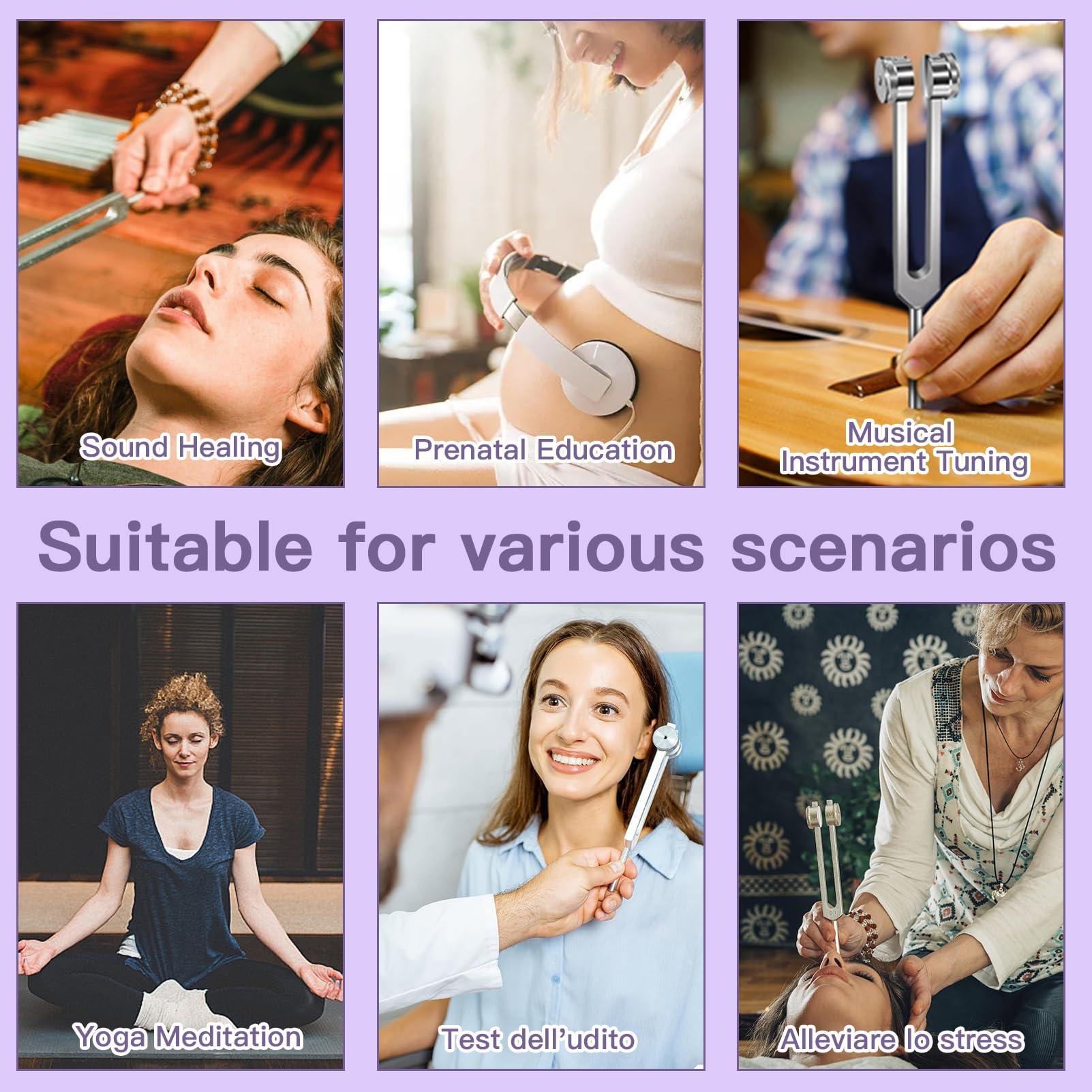 BESMORY Tuning Forks for Healing Set (128HZ, 136.1HZ, 256HZ, 384HZ), Tuning Fork with Reflex Hammer 4-Piece Set for Chakras/Sound Therapy/Healing/Medicine, A Good Gift for Women, Meditation Beginner (Silvery)