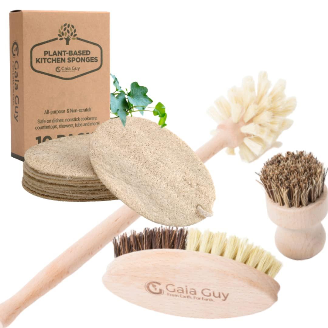 Gaia Guy Zero Waste Kitchen and Bath Set - Wood Handled Brushes with Natural Bristles and Loofah Sponges