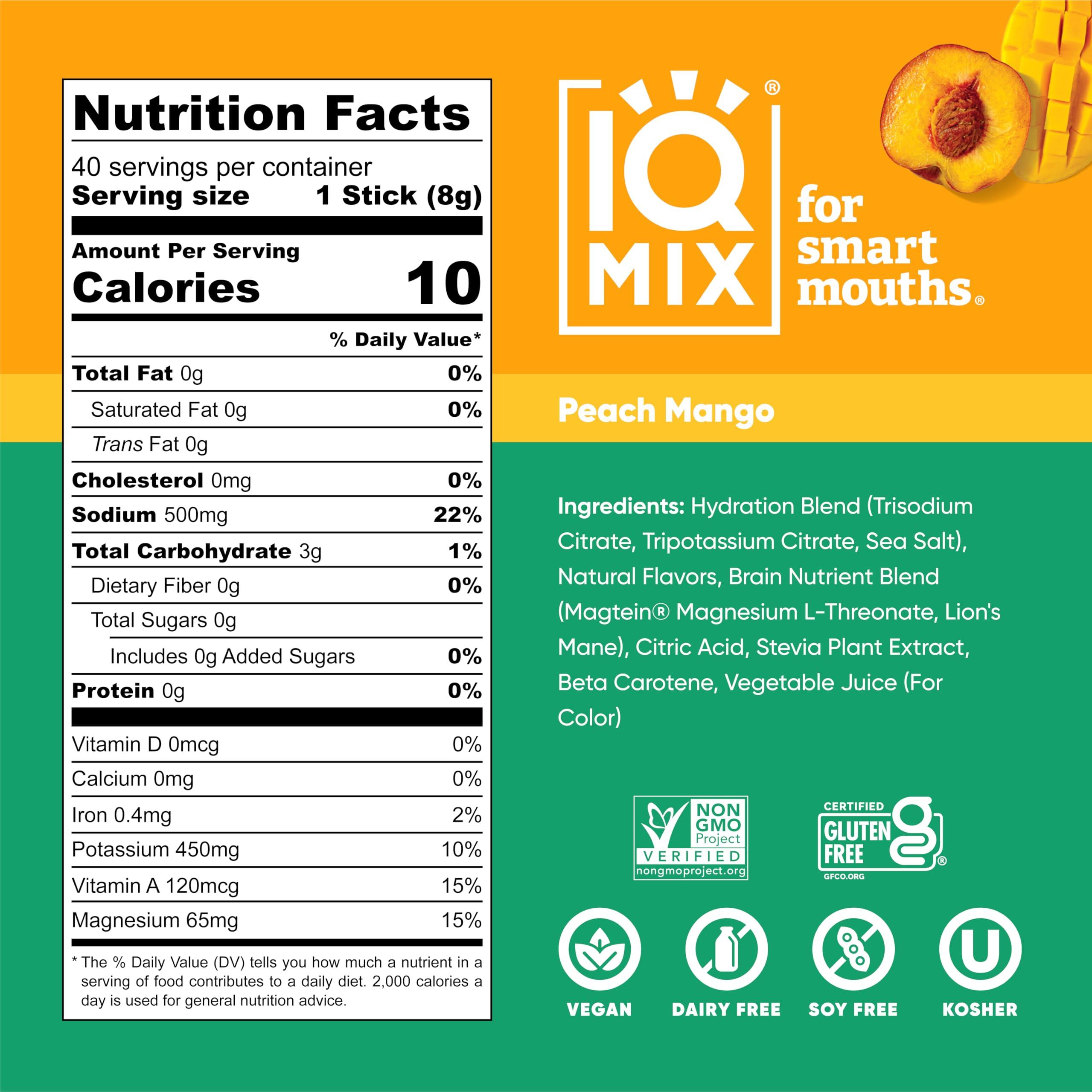 IQBAR IQMIX Hydration Electrolytes Powder - Sugar-Free Drink Mix Packets - Rehydration and Recovery - Keto-Friendly with Magnesium L-Threonate, Lion's Mane, Potassium Citrate - Peach Mango (40 Count)